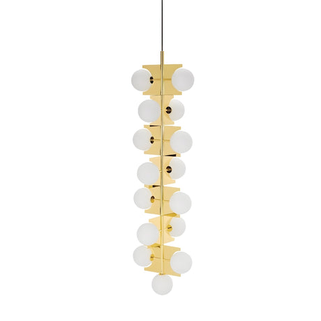 The Gatsby 15 Light Drop Suspension - Gold features a vertical gold metal frame with multiple round frosted white glass globes, symmetrically arranged and suspended by a sleek black cord.
