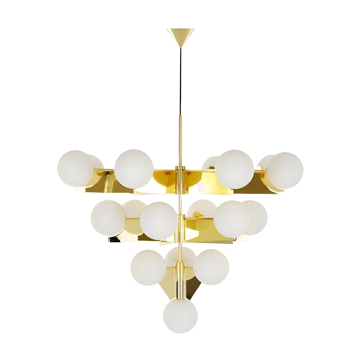 The Gatsby 10 Light Chandelier - Gold features multiple frosted glass globes arranged in tiers on gold metal arms and a central gold rod, blending Art Deco style with a gleaming gold-plated frame.