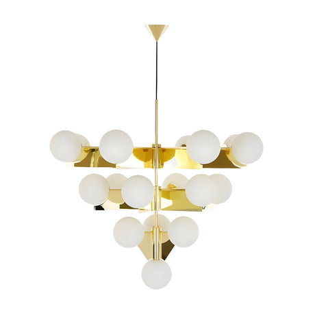 The Gatsby 10 Light Chandelier - Gold features multiple frosted glass globes arranged in tiers on gold metal arms and a central gold rod, blending Art Deco style with a gleaming gold-plated frame.