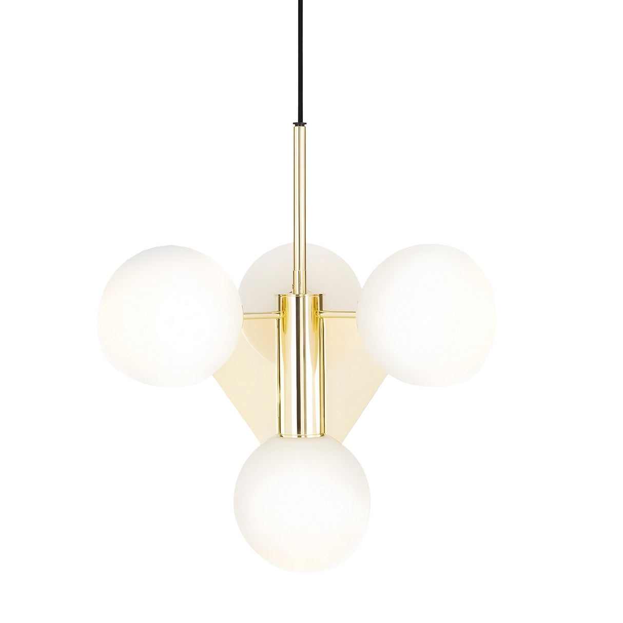 The Gatsby 4 Light Chandelier - Gold features a sleek gold metal body with four round white glass globes arranged symmetrically around a central rod, all suspended from a modern black cord.