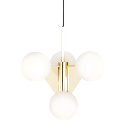 The Gatsby 4 Light Chandelier - Gold features a sleek gold metal body with four round white glass globes arranged symmetrically around a central rod, all suspended from a modern black cord.