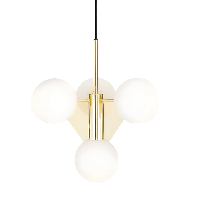 The Gatsby 4 Light Chandelier - Gold features a sleek gold metal body with four round white glass globes arranged symmetrically around a central rod, all suspended from a modern black cord.