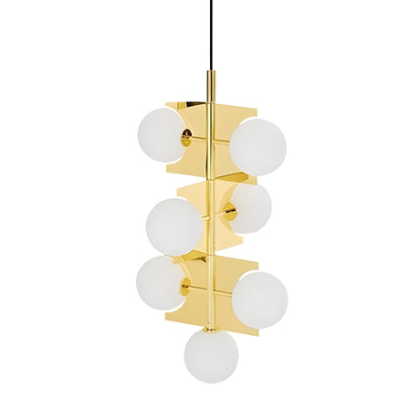 The Gatsby 7 Light Drop Suspension - Gold features a modern geometric design with three tiers, each holding frosted white glass globes. It hangs from a black cord and is accented by a gold-plated steel frame for an elegant look.