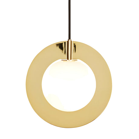 The Gatsby Round Pendant Light - Gold showcases a minimalist circular gold frame with a central white light, suspended from a black cord for a modern, elegant look.