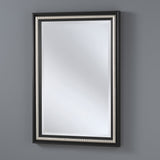 Rectangular wall mirror framed with a textured dark grey border, placed against a patterned wallpaper, blending a modern industrial design with subtle elegance.
