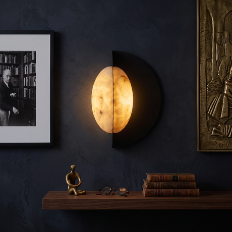 Niori Althia LED wall light with a natural alabaster disc set against a matt black half-bowl, glowing warm on a dark plaster wall above a walnut shelf.