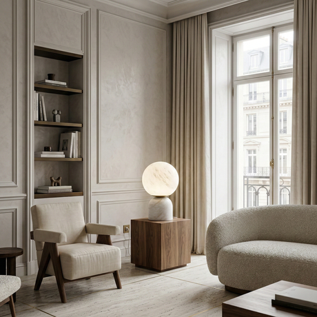 Elegant living room with beige walls, large window, plush armchair and sofa, built-in shelves, and a wooden side table featuring the Solvyn LED Large Globe Alabaster Table Lamp – Soft White. Neutral tones create a calm, modern vibe.