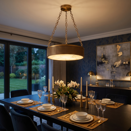 Heliora LED Chain-Suspended Disc Alabaster Chandelier - Brushed Brass