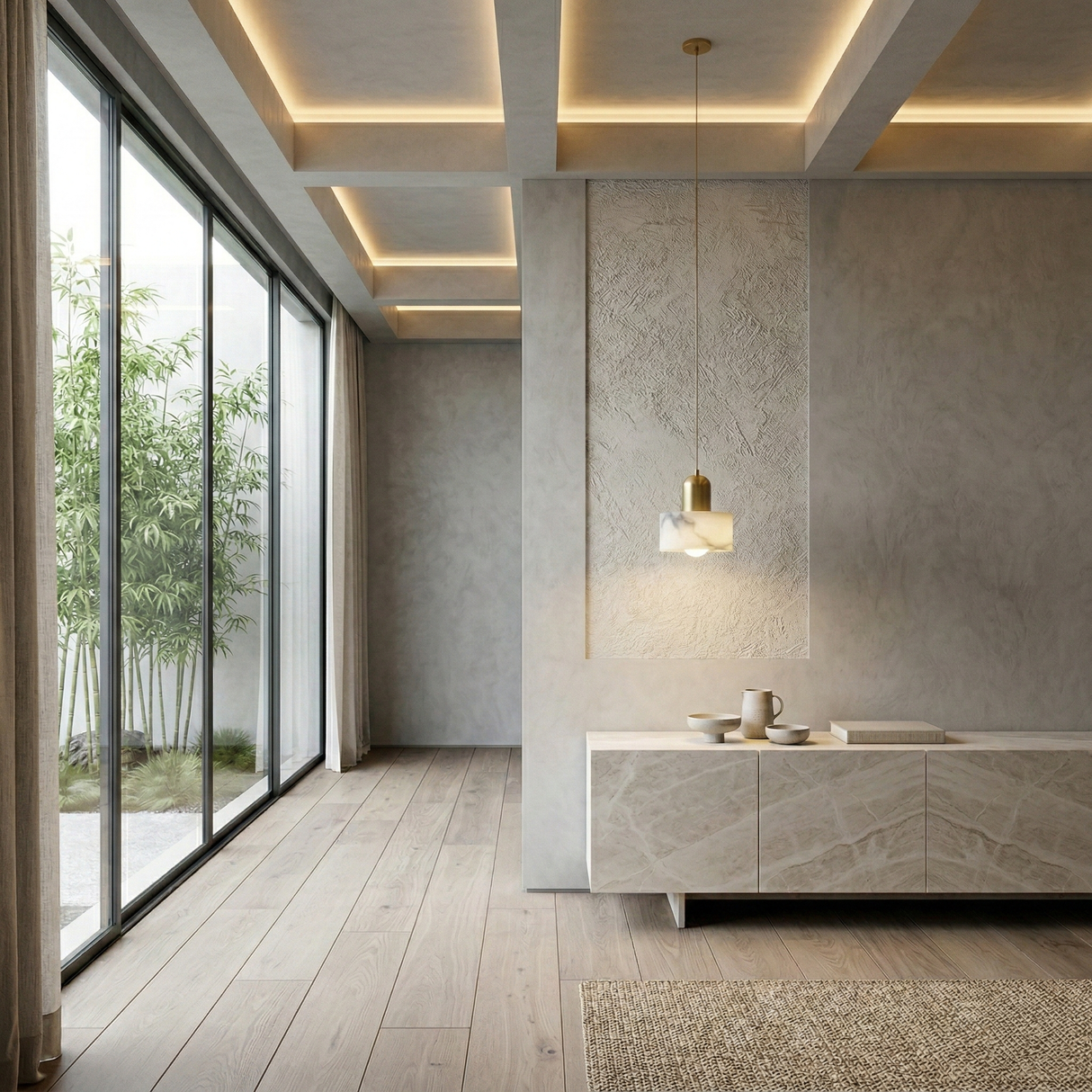 A modern minimalist room with floor-to-ceiling windows, light wood floors, textured gray walls, a low sideboard, green bamboo outside, and the Dorvex 1 Light Alabaster Single Pendant Light in soft white & brushed brass hanging above.