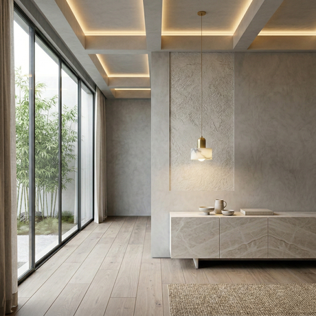 A modern minimalist room with floor-to-ceiling windows, light wood floors, textured gray walls, a low sideboard, green bamboo outside, and the Dorvex 1 Light Alabaster Single Pendant Light in soft white & brushed brass hanging above.