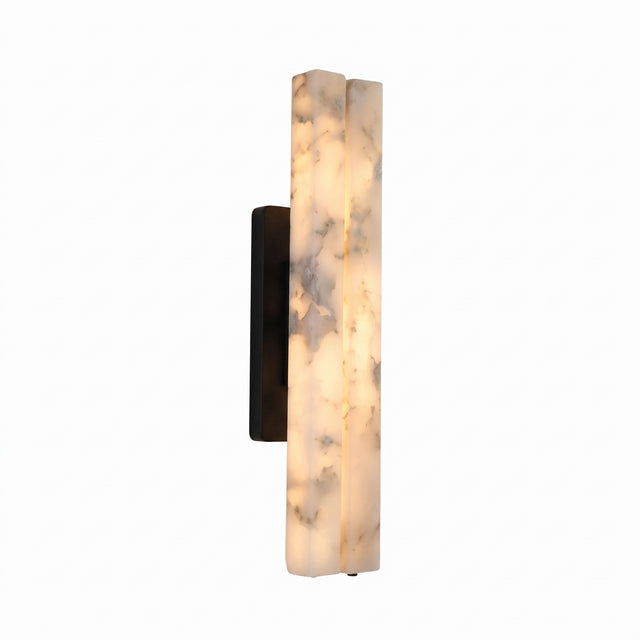 Selvara LED Large Alabaster Double Wall Light in Matt Black, twin alabaster columns glowing warm white on a black backplate, shown against a plain white background.