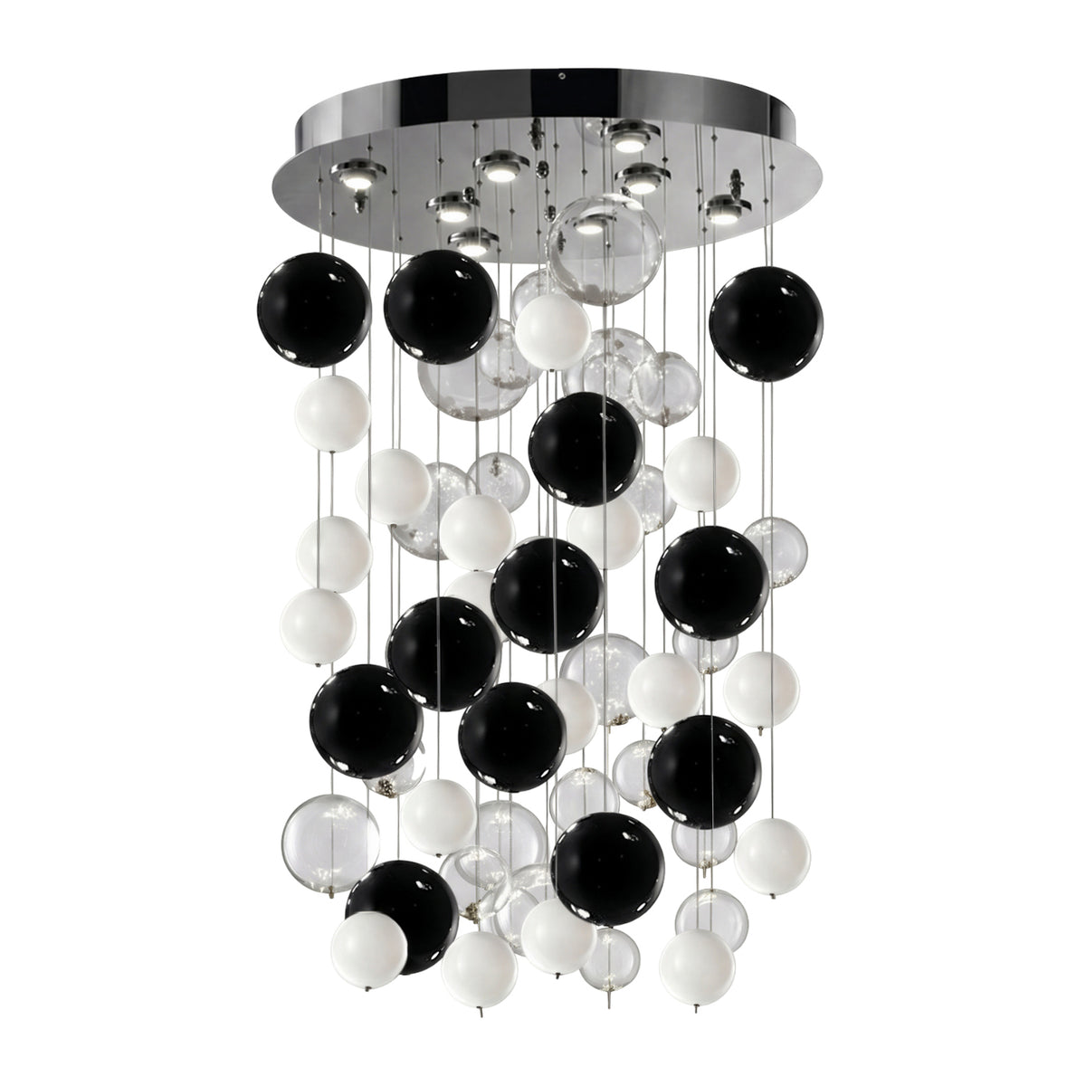 Bolero 12 Light Drop Glass Bubble Chandelier, round chrome ceiling plate with clustered black, white and clear glass globes in mixed sizes, on a plain white background.