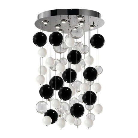 Bolero 12 Light Drop Glass Bubble Chandelier, round chrome ceiling plate with clustered black, white and clear glass globes in mixed sizes, on a plain white background.