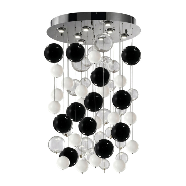 Bolero 12 Light Drop Glass Bubble Chandelier, round chrome ceiling plate with clustered black, white and clear glass globes in mixed sizes, on a plain white background.