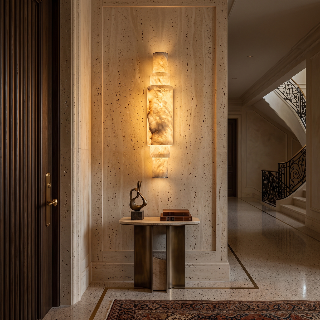 Niori Aurelia LED alabaster wall light in brushed brass, stacked cylindrical column illuminated on a travertine wall above a round bronze console table.
