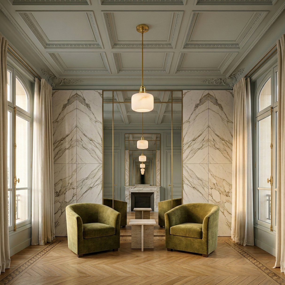 A luxurious room with two green velvet armchairs, a small marble table, a marble fireplace, large windows with white curtains, ornate walls and ceiling, featuring the Vantor 1 Light Alabaster Single Pendant in brushed brass and a herringbone wood floor.