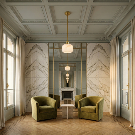 A luxurious room with two green velvet armchairs, a small marble table, a marble fireplace, large windows with white curtains, ornate walls and ceiling, featuring the Vantor 1 Light Alabaster Single Pendant in brushed brass and a herringbone wood floor.