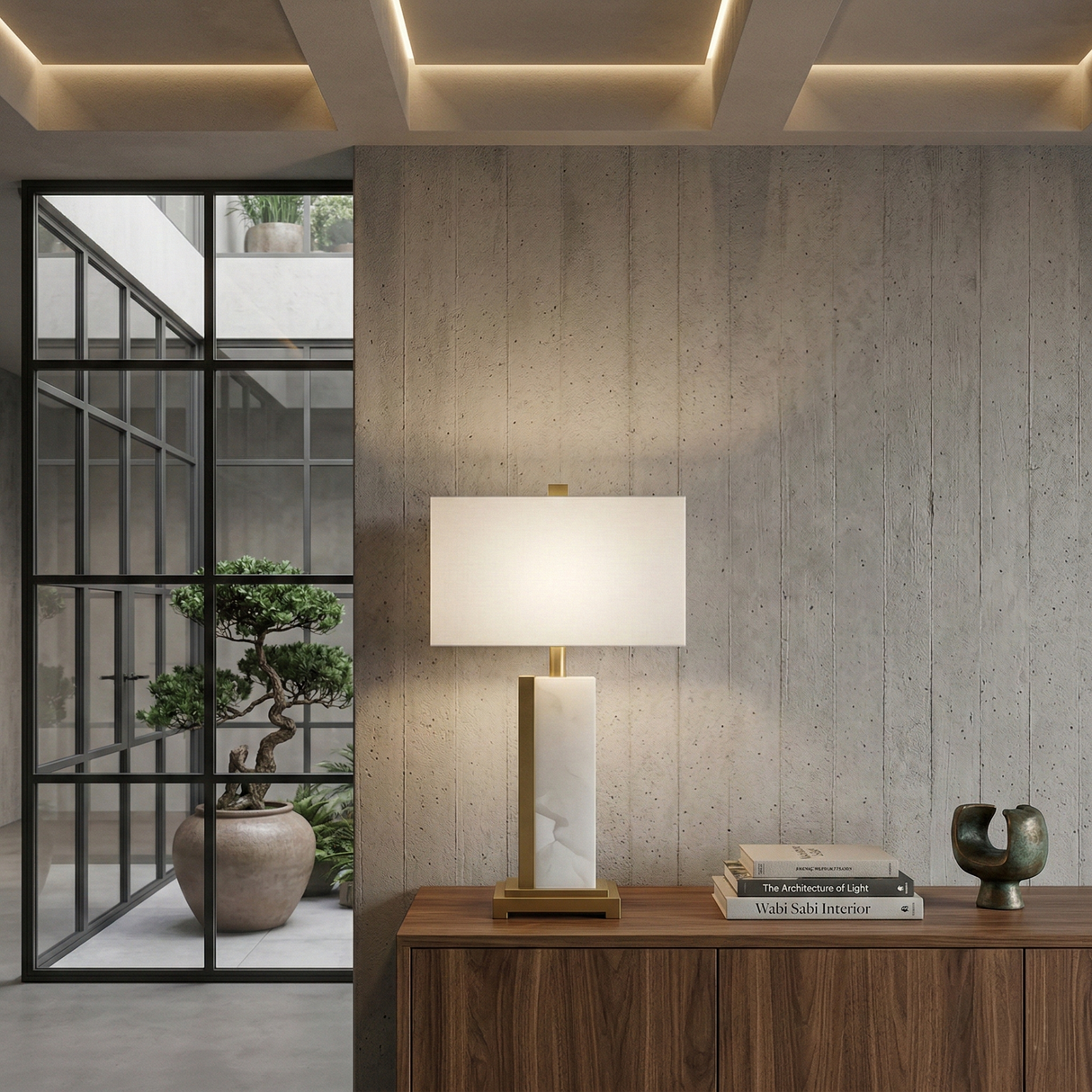 A modern interior features a wooden sideboard with the Silvarin 1 Light Sculpted Alabaster Table Lamp in Brass & Soft White, stacked books, and a sculpture. Behind, glass doors open to bonsai trees in a sunny courtyard.