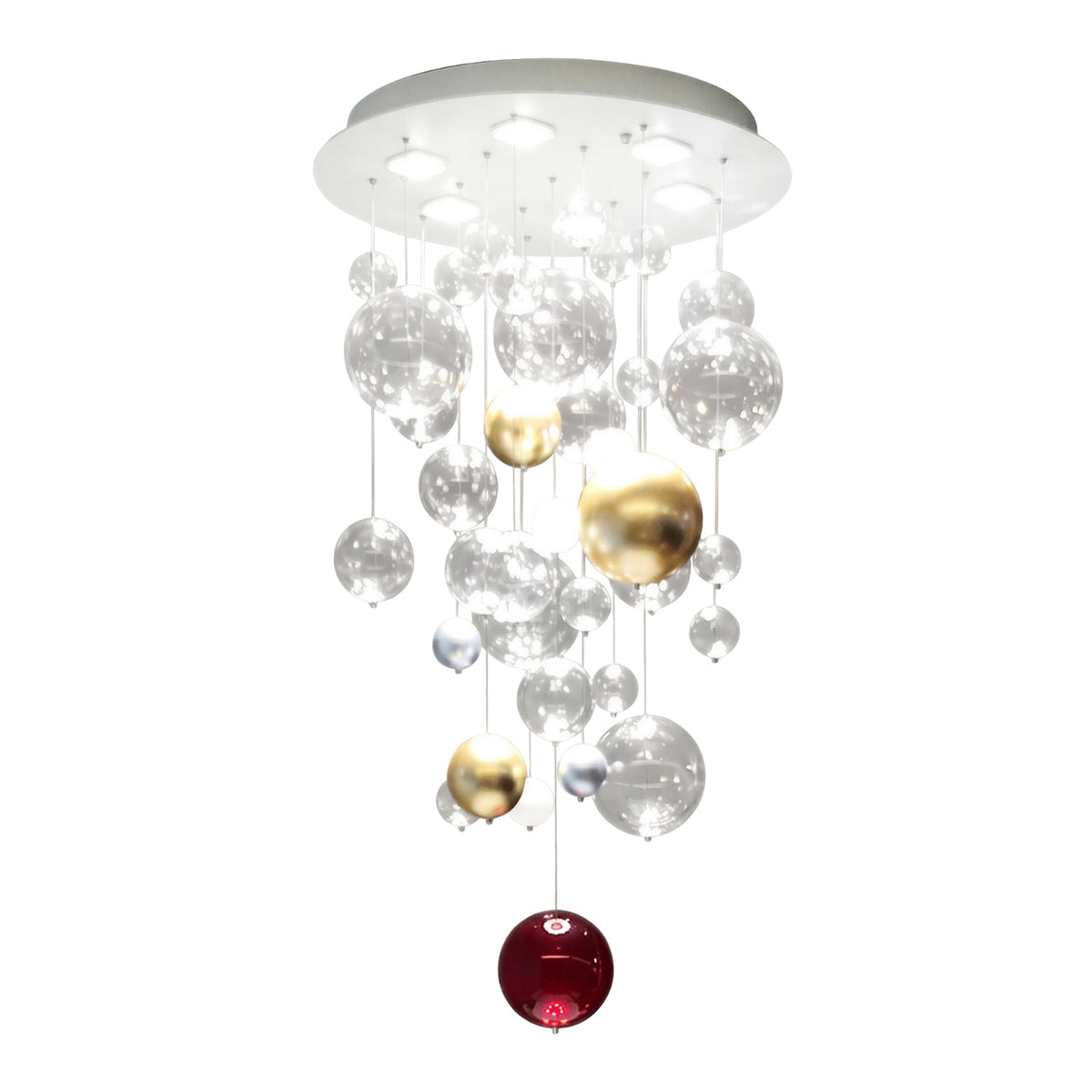 Bolero 6 Light Round Drop Glass Bubble Chandelier in 110cm drop, with clear glass globes, gold and red accent spheres, and a white round ceiling plate on a plain white background.