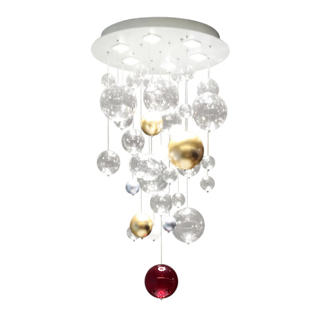 Bolero 6 Light Round Drop Glass Bubble Chandelier in 110cm drop, with clear glass globes, gold and red accent spheres, and a white round ceiling plate on a plain white background.