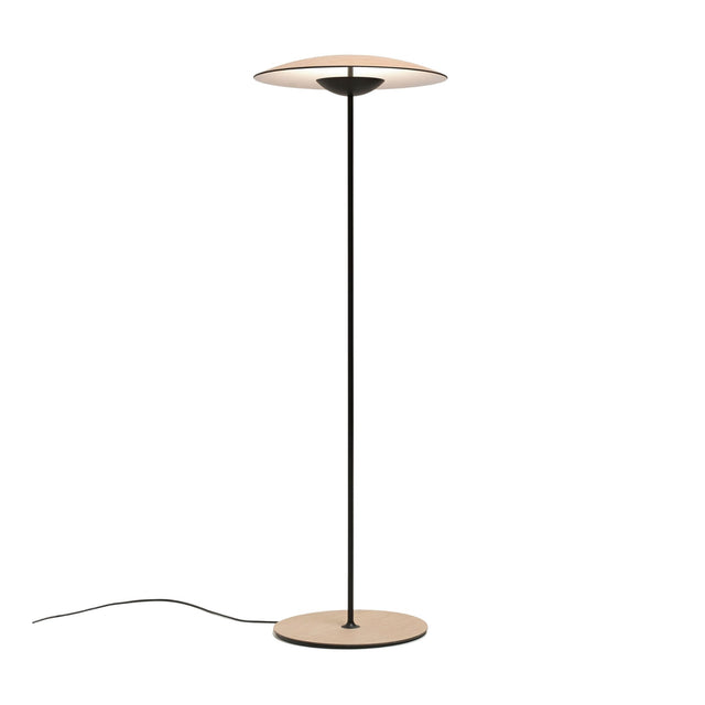 The Ex-Display Ginger LED Floor Lamp in Black & Oak features a thin black pole, round oak base, and flat circular oak shade. Its minimalist design includes a sleek black power cord—ideal for modern interiors.