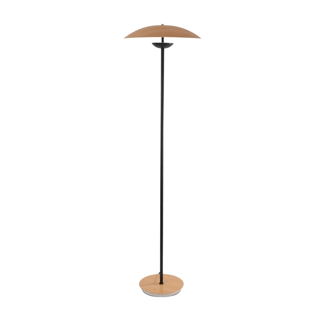 Niori Ginger LED floor lamp with wide wood veneer dome shade, slim matt black steel stem and circular wood veneer base on a white background.