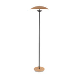 Niori Ginger LED floor lamp with wide wood veneer dome shade, slim matt black steel stem and circular wood veneer base on a white background.
