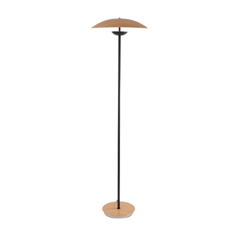 Niori Ginger LED floor lamp with wide wood veneer dome shade, slim matt black steel stem and circular wood veneer base on a white background.