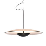 The Ginger LED Large Pendant Light features a wide, flat, circular oak shade and a black central fixture, suspended by a black cord—blending minimalist design with timeless style.