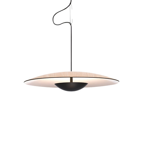 The Ginger LED Medium Pendant Light - Black & Oak features a wide, flat wooden shade and a sleek black fixture suspended by a thin cord—ideal for bringing minimalist style and modern elegance to any space.
