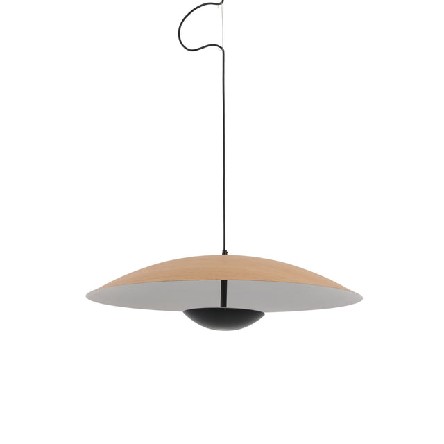 Ginger LED Pendant Light 35cm, shallow disc shade with wood-effect top and white underside, black centred cup, black cable, on white background.