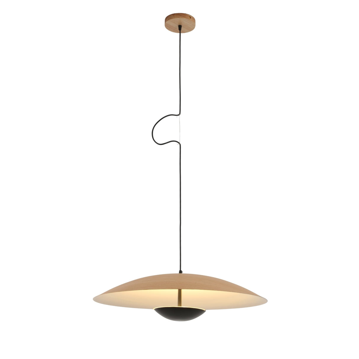 Ginger LED Pendant Light 35cm shallow disc shade in wood-effect finish with black metal centre cup, suspended on black cable against a white background.