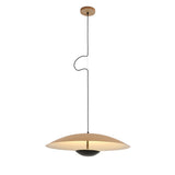 Ginger LED Pendant Light 35cm shallow disc shade in wood-effect finish with black metal centre cup, suspended on black cable against a white background.