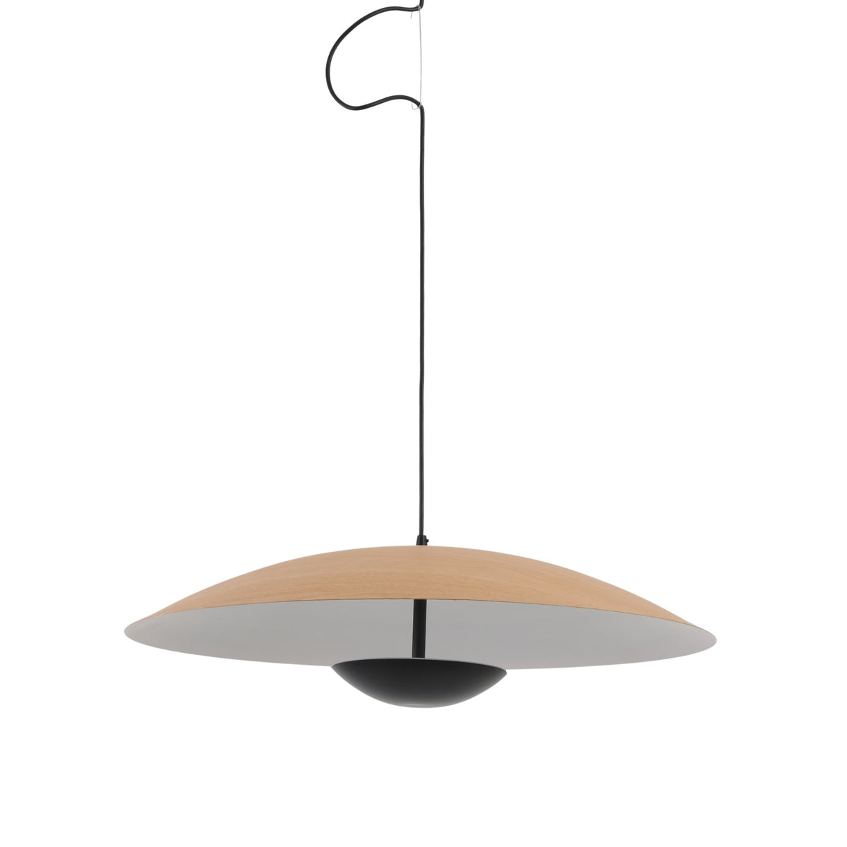 Niori Ginger 45cm LED pendant light with brown wood-effect disc shade, white inner reflector, black domed diffuser and cable on a white background.