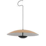 Niori Ginger 45cm LED pendant light with brown wood-effect disc shade, white inner reflector, black domed diffuser and cable on a white background.