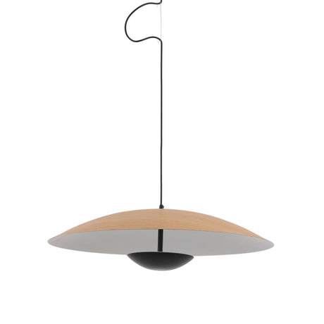 Niori Ginger 45cm LED pendant light with brown wood-effect disc shade, white inner reflector, black domed diffuser and cable on a white background.