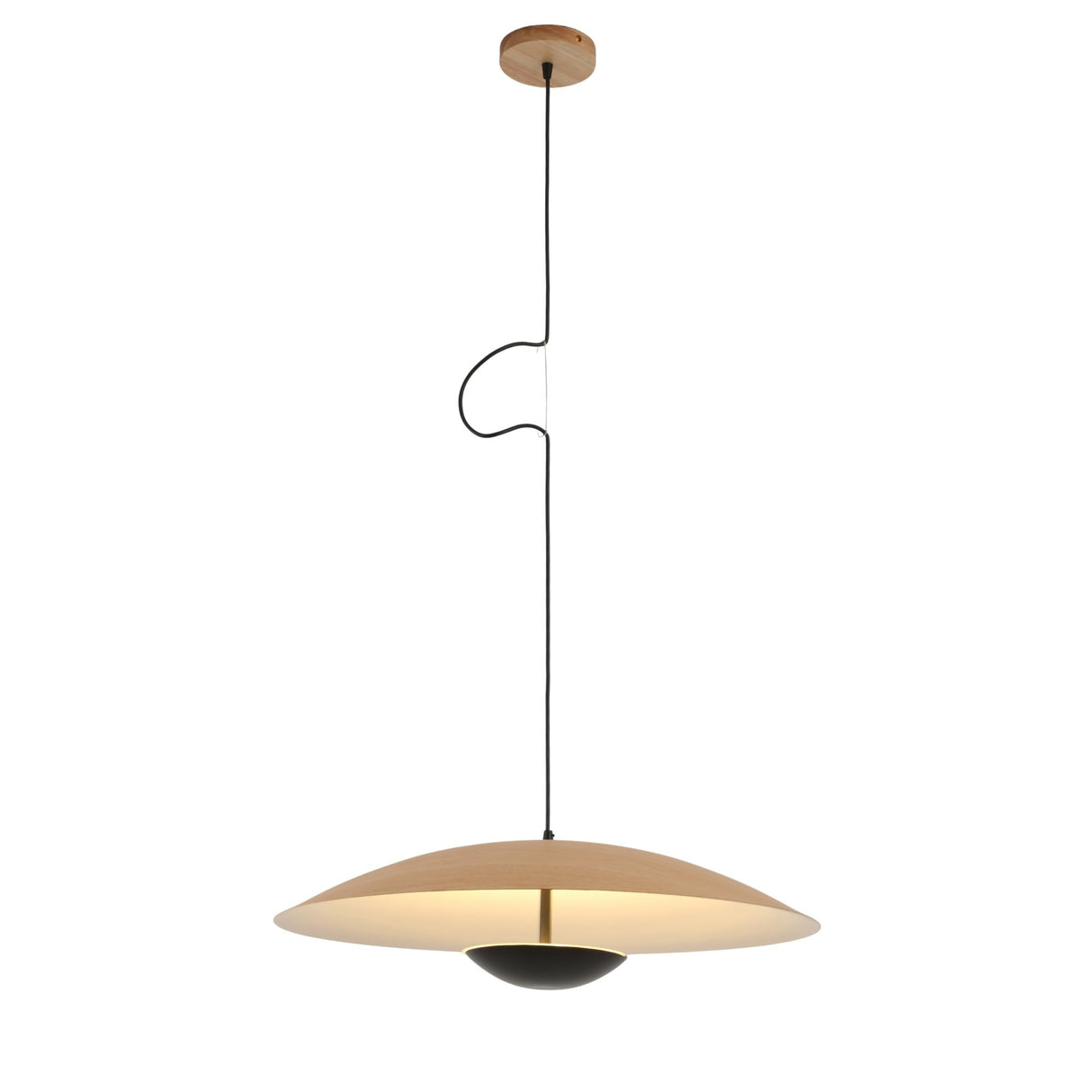 Niori Ginger LED large pendant light with 60cm shallow disc shade in wood-effect finish, matt white underside and central black diffuser on slim cable.