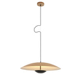 Niori Ginger LED large pendant light with 60cm shallow disc shade in wood-effect finish, matt white underside and central black diffuser on slim cable.