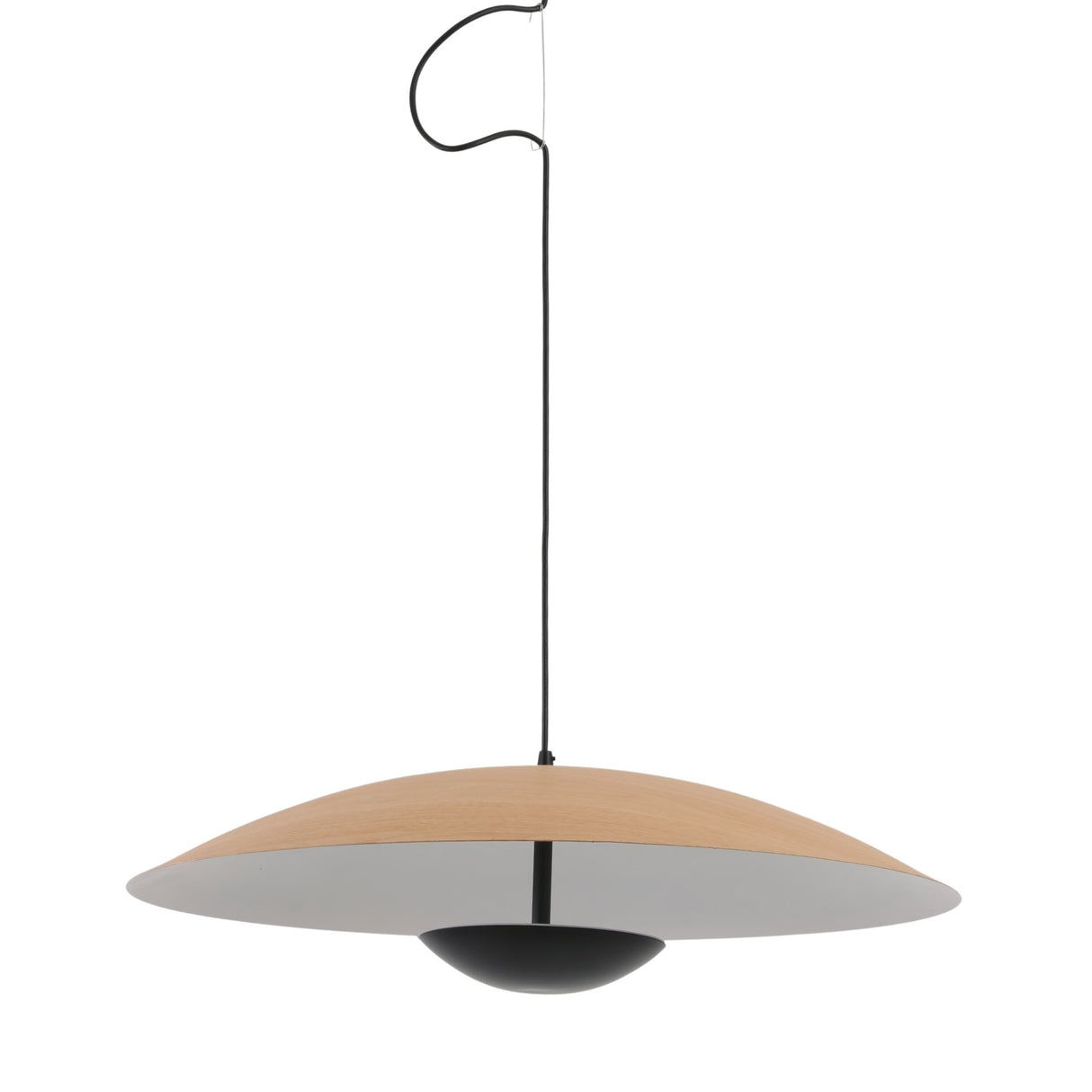 Niori Ginger 60cm large LED pendant light with shallow wood-grain disc shade, white underside and central black diffuser on slim stem, against white.