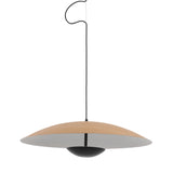 Niori Ginger 60cm large LED pendant light with shallow wood-grain disc shade, white underside and central black diffuser on slim stem, against white.