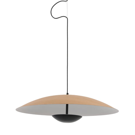Niori Ginger 60cm large LED pendant light with shallow wood-grain disc shade, white underside and central black diffuser on slim stem, against white.