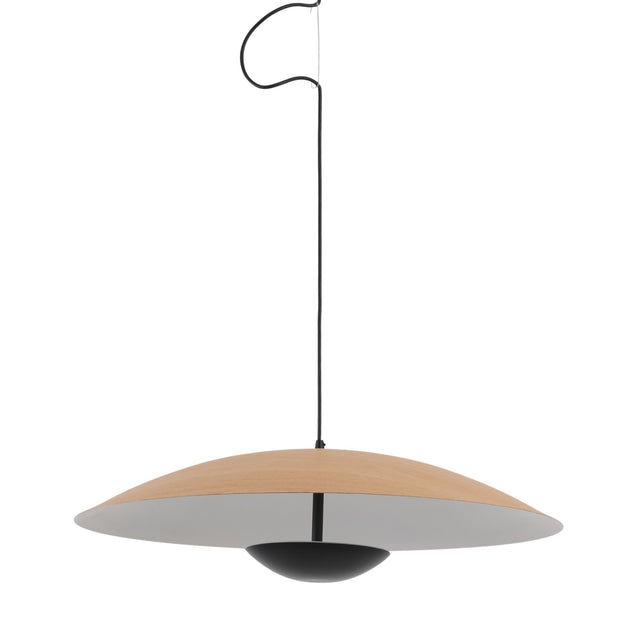Niori Ginger 60cm large LED pendant light with shallow wood-grain disc shade, white underside and central black diffuser on slim stem, against white.