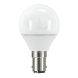 The image showcases an Energizer 4.2W Non-Dimmable LED Golf Ball Bulb against a white background. Its spherical design coupled with a metal base reflects energy efficiency for prolonged illumination. Emitting a 2700K warm white light, it combines efficiency with the creation of a cozy atmosphere.