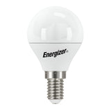 An Energizer 4.9W Non-Dimmable LED Golf Ball Bulb in warm white, featuring a round top with a silver screw E14 base and the Energizer logo printed in black, symbolizes energy-efficient lighting with its simple and modern design.