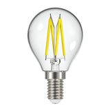 The Energizer 4W Non-Dimmable LED Golf Ball Filament Bulb - Warm White, E14, 2700K features visible yellow filaments and a metallic screw base set against a white background. It provides warm white illumination ideal for any setting. This bulb is designed with energy efficiency in mind, making it perfect for creating a cozy atmosphere while reducing power consumption.