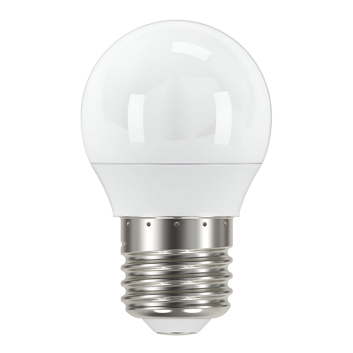 The LumiLife 4.2W Dimmable LED Golf Ball Bulb, featuring a frosted glass top and metallic E27 screw base, provides energy-efficient daylight illumination at 6500K, isolated on a white background.