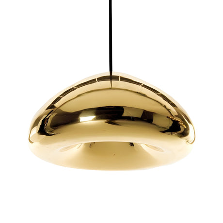 The Gulf Glass Pendant Light - Gold features a shiny, dome-shaped design with a black cord and reflective surface, adding modern elegance and energy-efficient lighting to any space.