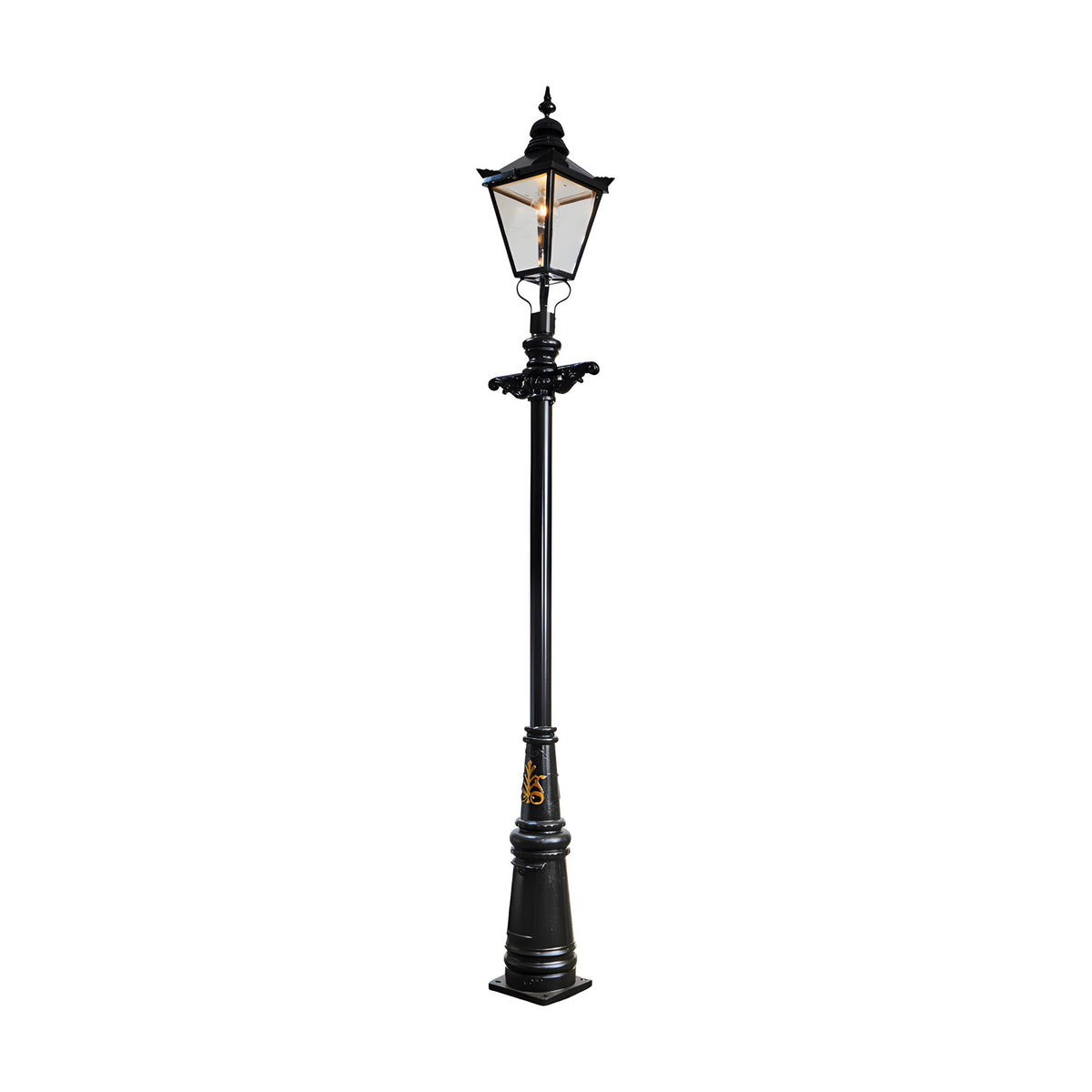 Victorian Cast Iron Lamp Post 3.5m in black, featuring a tapered four-sided lantern with finial atop a fluted column on a stepped base, shown on a plain white background.