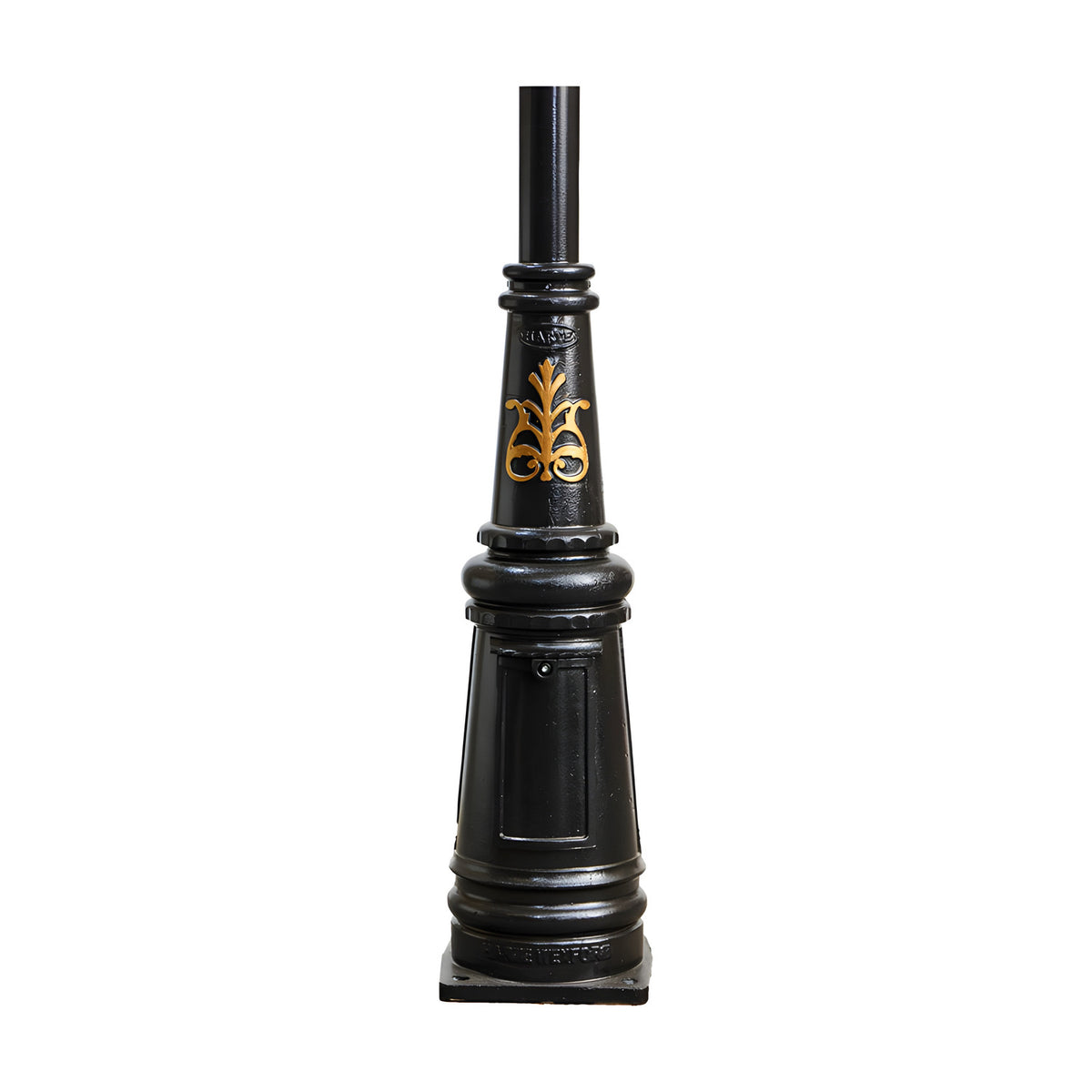 Victorian Cast Iron Lamp Post 3.5m in black, tapered column on a stepped base with gold scroll motif, shown against a plain white background.