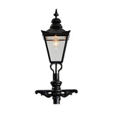 Victorian Cast Iron Lamp Post in black with a tapered four-sided lantern head, decorative finial, ornate scrollwork bracket, and exposed bulb, shown against a plain white background.